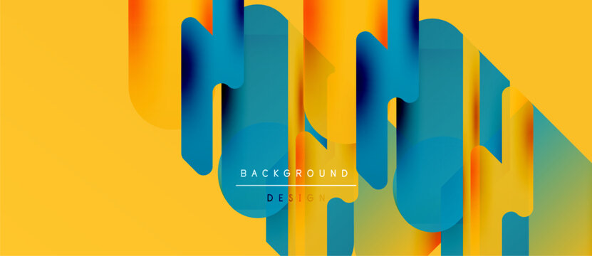 Abstract geometric shapes overlap, creating vibrant color gradients. Yellow background complements blue, orange hues. Text reads background design.