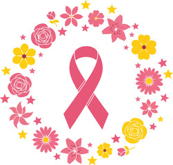 Elegant floral wreath with a pink ribbon at the center, symbolizing support and hope for breast cancer awareness month