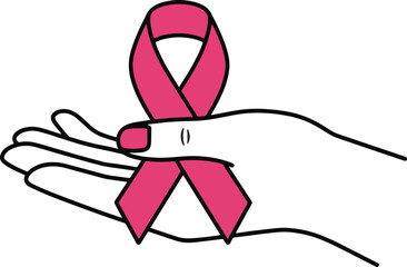 Pink ribbon held in open hand symbolizing breast cancer awareness and support