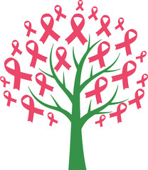 A symbolic green tree with branches adorned by numerous vibrant pink ribbons, representing hope, unity, and unwavering support for breast cancer awareness and the ongoing fight for a cure