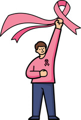 A hopeful man raising a pink ribbon high, symbolizing strength and support for a breast cancer awareness campaign
