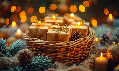 Holiday Gift Boxes in Wicker Basket with Pine Cones and Glowing Garland Lights, Christmas Present Display, Cozy Festive Atmosphere