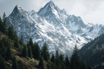 Obraz premium Majestic snow-capped mountains rise above a lush evergreen forest in a serene natural landscape during cloudy weather