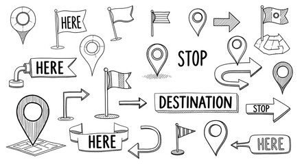 Naklejka premium Hand-drawn map location icons vector navigation elements for travel and destination concepts isolate