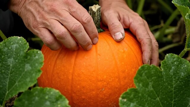 Close-up of hands gently harvesting a vibrant orange pumpkin amidst lush green leaves in a garden setting, showcasing the tactile connection with nature during a serene autumn afternoon