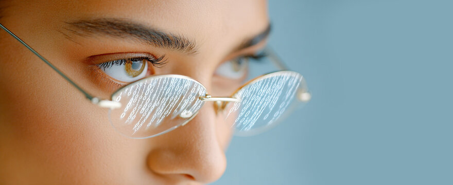 Close-up of focused woman with code reflected in glasses symbolizing programming, cybersecurity or data analysis