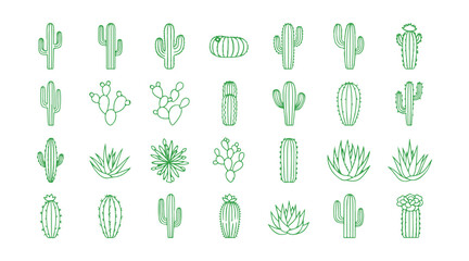 Wild cactus icons in a linear style. Succulents. A collection of cacti. Symbols with thin line contours. Isolated vector illustrations. Cactus icon set. Editable vector pictograms that are separate.