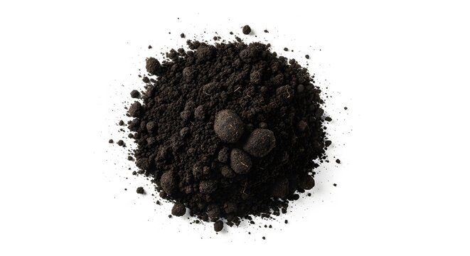 Pile of dark potting soil rich organic matter for gardening isolated on white background