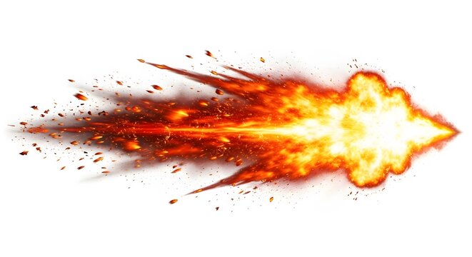 Fiery muzzle flash effect bright explosion with sparks and smoke isolated on white background
