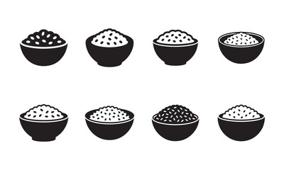 Set of Rice Bowl Food Icons Silhouette Vector