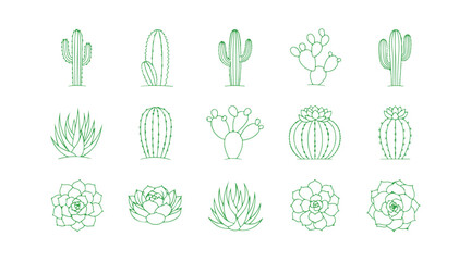 A set of linear icons featuring wild cacti. Succulents. A collection of cacti. Thin line contour symbols. Isolated vector outline illustrations. 