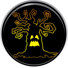 Spooky Halloween Tree Silhouette with Glowing Yellow Face on Dark Circular Emblem with Orange Outline and Fiery Brown Roots on Black Background