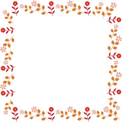 Square floral border with tiny red and pink flowers and orange leaves against a transparent background suitable for design and decoration