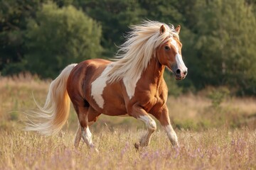 Obraz premium Majestic red and palomino horse with flowing mane galloping through a meadow surrounded by lush greenery during a sunny afternoon