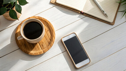 A comforting cup of coffee steaming, notebook and smart phone on a worn wooden table