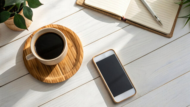 A comforting cup of coffee steaming, notebook and smart phone on a worn wooden table 
