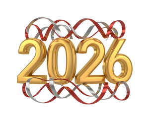 Golden 3D text 2026 adorned with elegant red and silver ribbons, perfect for new year celebration