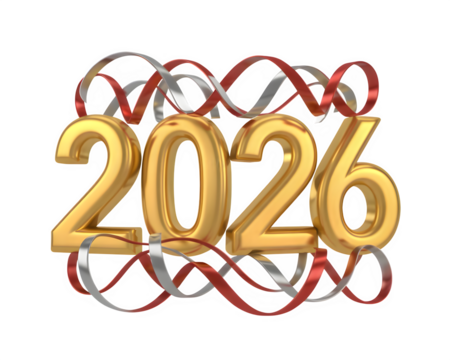 Golden 3D text 2026 adorned with elegant red and silver ribbons, perfect for new year celebration - Powered by Adobe