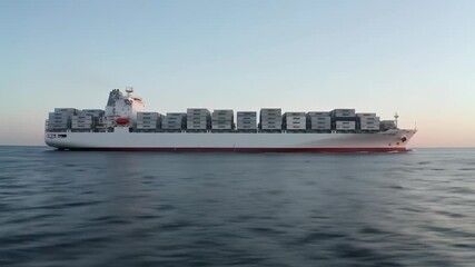 A sleek, brand-neutral container ship glides across a calm golden hour ocean with soft reflections. Expansive wide video, ultra-smooth slow drone tracking video, shallow depth of field, emphasizing