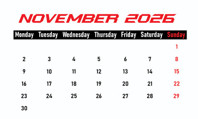 November calendar 2026 monthly planner 