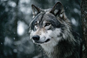 Obraz premium Realistic wolf wallpaper showcasing a majestic wolf in a snowy forest environment during winter time