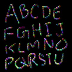 Vibrant alphabet made of colorful spheres against a stark black backdrop, perfect for educational materials and playful designs, igniting creativity and learning