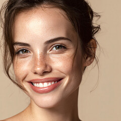 Close-up portrait of a smiling young woman with glowing natural skin, minimal makeup, neutral beige background, soft daylight, skincare concept