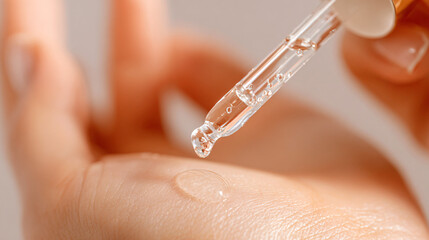 Close-up macro of transparent skincare serum dropper applying drops on smooth skin, natural glow, minimal background, clean beauty product advertising style.