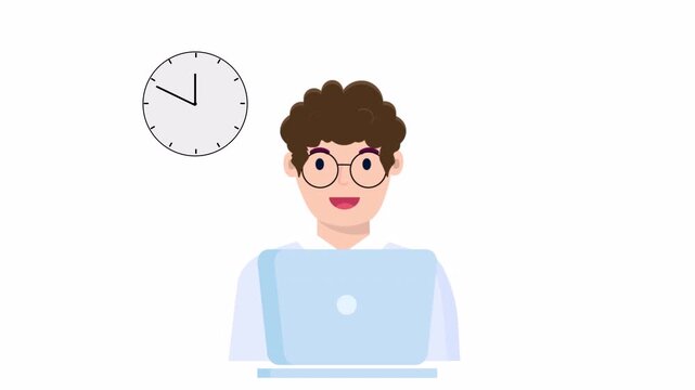 Animated Man Working on Laptop with Clock Ticking.