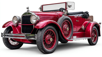A shiny red vintage car with chrome accents and spoked wheels on a white background is displayed