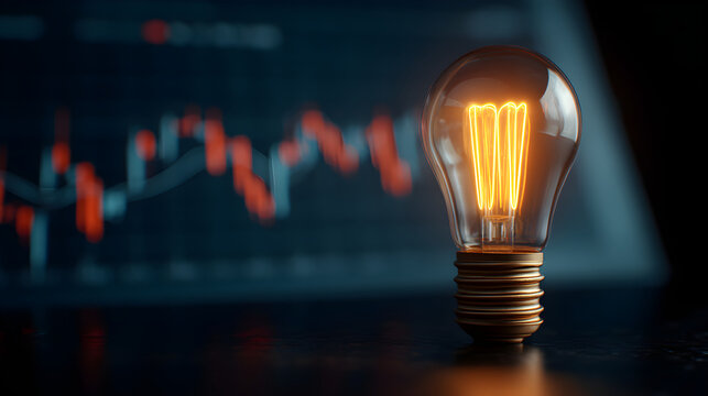 Light bulb glowing with financial chart background representing innovation and ideas in business - Powered by Adobe