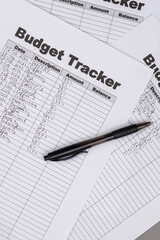 Open daily planner notebook on desk, with neatly handwritten organized Monthly Budget tracking table. With dates, categories and expenses. Personal finance management, spending and budgeting habits 