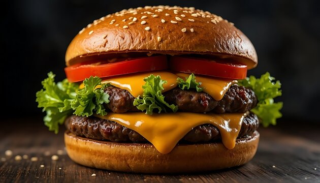 Mouthwatering Burger: A close-up shot of a juicy burger, a culinary masterpiece featuring layers of savory ingredients that showcase the art of food presentation.