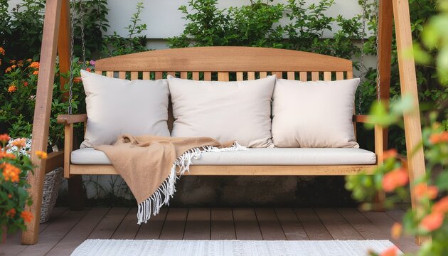 rustic wooden bench, natural forest setting, dappled sunlight filtering through trees, lush greenery and flowers in the foreground,