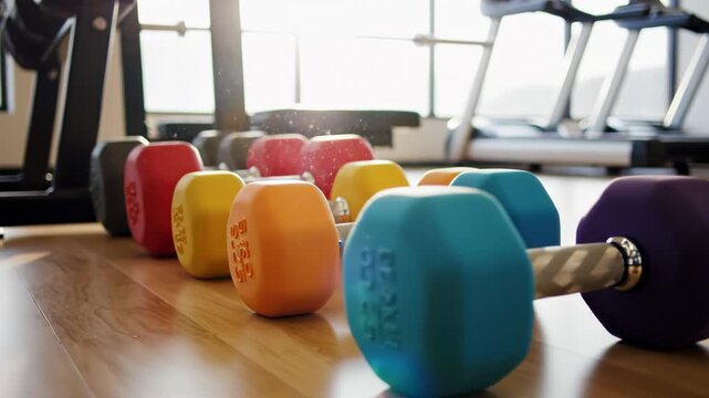 Colorful Dumbbells Lined Up in Gym, Fitness Equipment