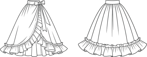 Layered ruffle skirt illustration, asymmetrical bow waistband design, pleated full skirt drawing, fashion flat sketch, technical garment artwork, apparel construction professional