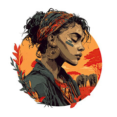 African woman with a background of African flora and fauna isolated on a cutout PNG transparent background