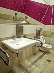 Public disabled toilet and small children. Handrails for people with disabilities