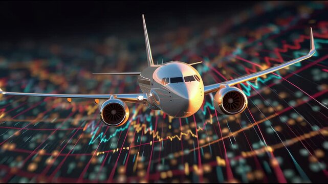 Aviation in the Stock Market: An airplane soars above a vibrant stock market chart, symbolizing the dynamic interplay between the aviation industry and the financial world.