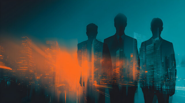 Business professionals in suits standing against a vibrant city skyline at night with glowing lights