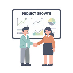 Two Business People Shaking Hands Enthusiastically in Front of a Whiteboard Displaying Project Growth Charts and Graphs with Pie Chart Illustration in a Professional Setting
