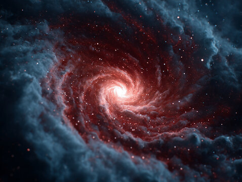Red spiral galaxy swirls in deep dark space, beautiful cosmic vortex conveys energy, infinite movement and awe