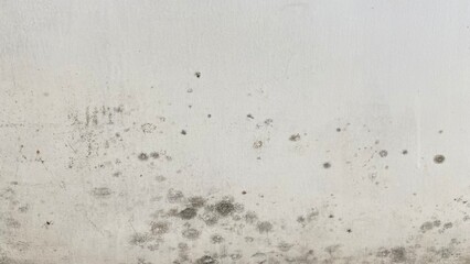 Macro close-up photograph of a white wall with mold growth and dark stains, showing a natural damp texture and weathered surface © RiyanBudi