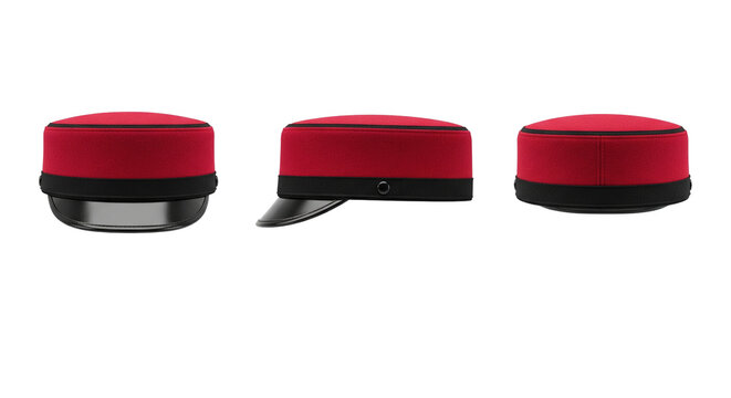 Red and black French military kepi hat in three views for historical army uniform costume