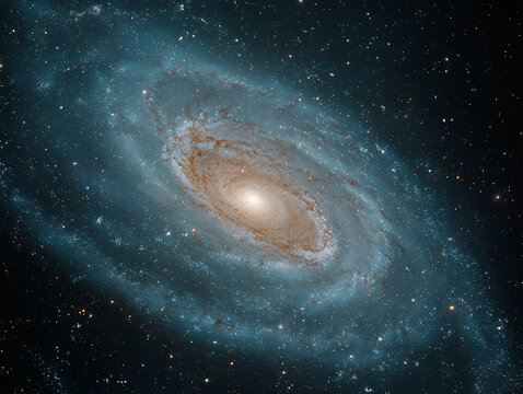 Spiral galaxy in deep space with bright core and blue arms, science fiction evokes wonder, discovery, and cosmic complexity