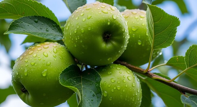 Fresh green apples on a branch covered in water droplets in natural sunlight