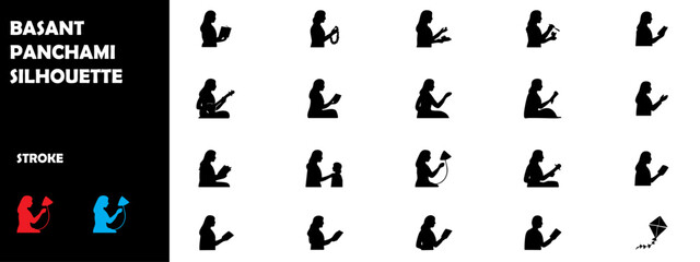 Basant Panchami Silhouette Vector Set – Goddess Saraswati, Kite Flying, and Spring Festival Icons
