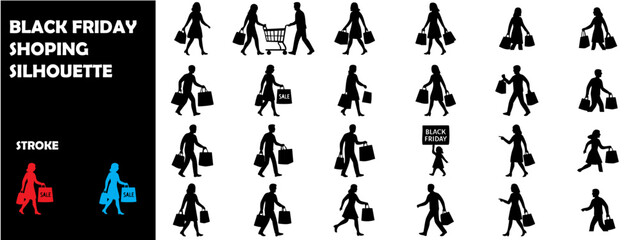 Black Friday Shopping Silhouette Vector Set – Sale, Discount, and Retail Frenzy Icons