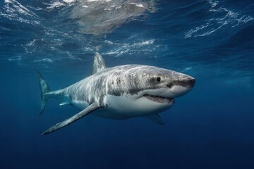 Great White Shark swims gracefully in deep blue waters near an underwater reef during a clear sunny day