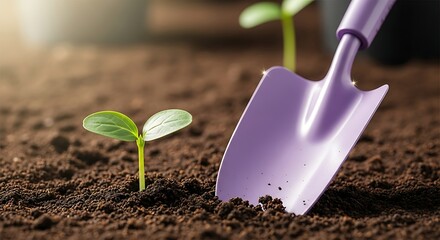 Small green seedling and purple trowel in rich soil, growth concept